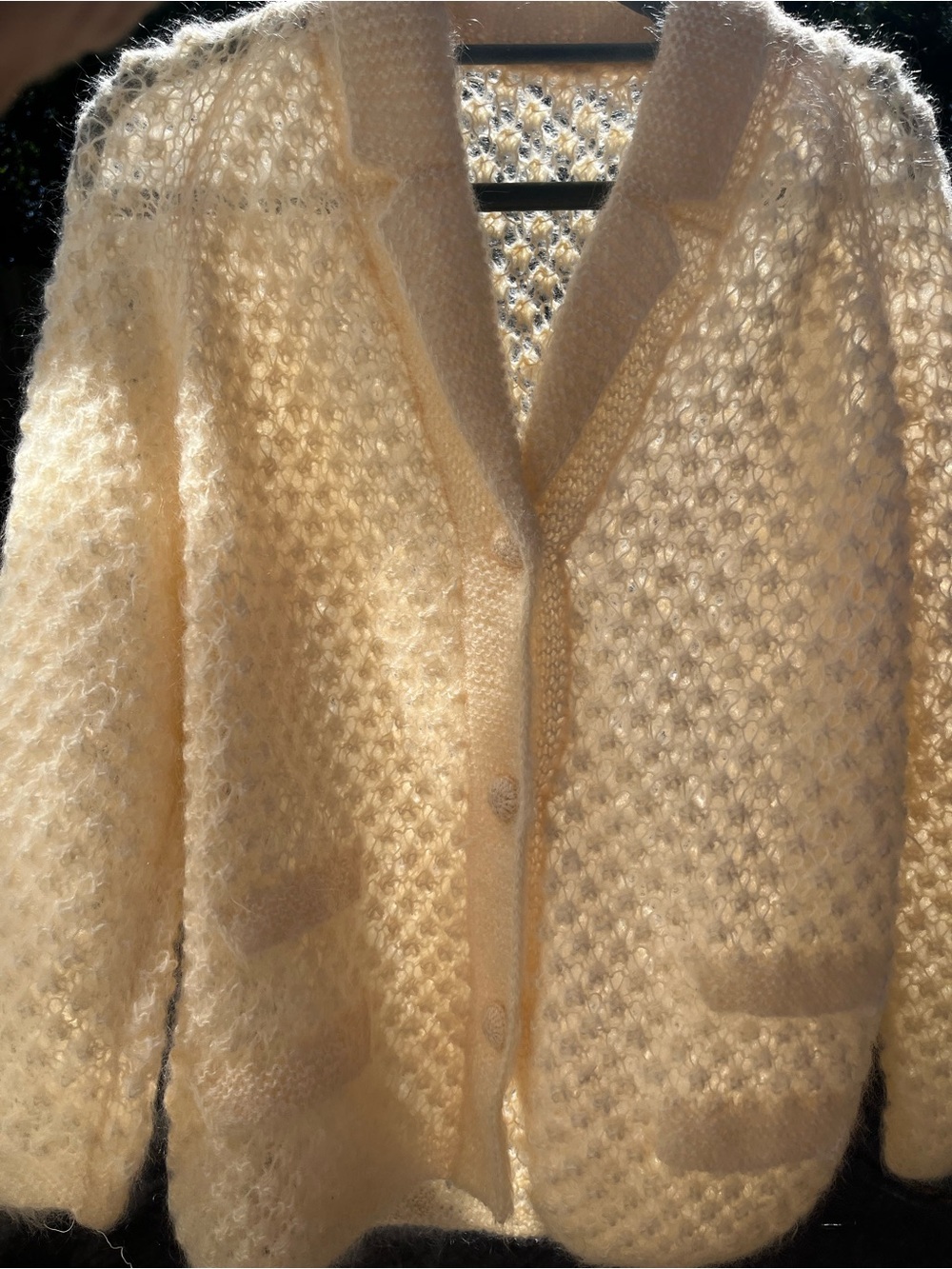RARE! Vintage 60s Cream Mohair Wool Open-Knit Slouchy Retro Cardigan Sweater L - Picture 3 of 15